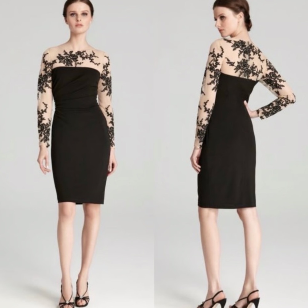 David Meister | Floral Lace Illusion Cocktail Dress Black Nude NWT Size 10